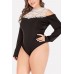 Lace Splicing Cold Shoulder Long Sleeve Sexy Plus Size Bodysuit