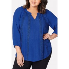 Blue Crochet V Neck Casual Plus Size Blouse