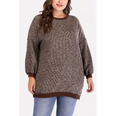 Coffee Round Neck Long Sleeve Slit Casual Plus Size Sweater