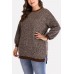 Coffee Round Neck Long Sleeve Slit Casual Plus Size Sweater