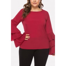 Red Layered Long Sleeve Round Neck Casual Plus Size Blouse