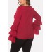 Red Layered Long Sleeve Round Neck Casual Plus Size Blouse