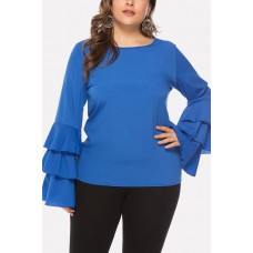 Blue Layered Long Sleeve Round Neck Casual Plus Size Blouse