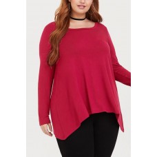 Red Lace Splicing Long Sleeve Asymmetric Hem Casual Plus Size T Shirt