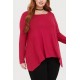 Red Lace Splicing Long Sleeve Asymmetric Hem Casual Plus Size T Shirt