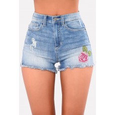 Light-blue Floral Embroidered Shredded Raw Hem Sexy Denim Shorts