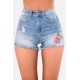 Light-blue Floral Embroidered Shredded Raw Hem Sexy Denim Shorts