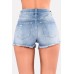 Light-blue Floral Embroidered Shredded Raw Hem Sexy Denim Shorts