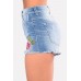 Light-blue Floral Embroidered Shredded Raw Hem Sexy Denim Shorts