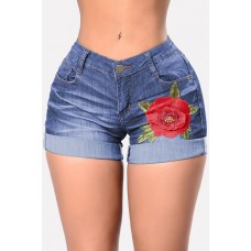 Dark-blue Floral Embroidered Wash Denim Sexy Denim Shorts