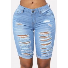 Light-blue Shredded Distressed Pocket Sexy Shorts