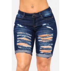 Dark-blue Shredded Distressed Pocket Sexy Shorts