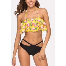 Yellow Flamingo Ruffles Cutout Halter Sexy Bikini