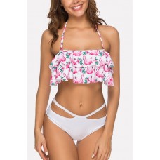 Flamingo Ruffles Cutout Halter Sexy Bikini