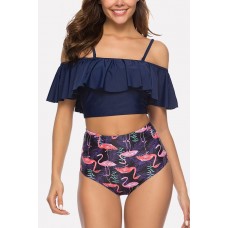 Dark-blue Flamingo Ruffles Bare Shoulder Sexy Bikini