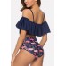 Dark-blue Flamingo Ruffles Bare Shoulder Sexy Bikini