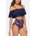 Dark-blue Flamingo Ruffles Bare Shoulder Sexy Bikini