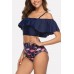 Dark-blue Flamingo Ruffles Bare Shoulder Sexy Bikini