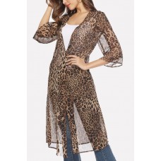 Leopard Print Open Front Casual Chiffon Kimono Cardigan