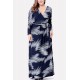 Dark-blue Print V Neck Wrap Long Sleeve Casual Maxi Plus Size Dress