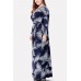 Dark-blue Print V Neck Wrap Long Sleeve Casual Maxi Plus Size Dress