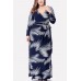 Dark-blue Print V Neck Wrap Long Sleeve Casual Maxi Plus Size Dress