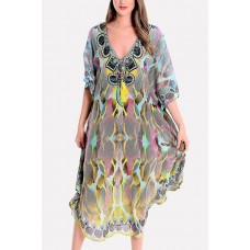 Yellow Tribal Print Tassels Tied V Neck Casual Chiffon Cover Up