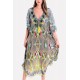 Yellow Tribal Print Tassels Tied V Neck Casual Chiffon Cover Up