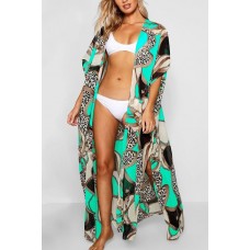 Leopard Chain Print Casual Maxi Cardigan Cover Up