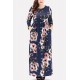Dark-blue Floral Print Pocket Long Sleeve Casual Plus Size Maxi Dress