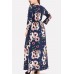 Dark-blue Floral Print Pocket Long Sleeve Casual Plus Size Maxi Dress