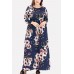 Dark-blue Floral Print Pocket Long Sleeve Casual Plus Size Maxi Dress