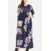 Dark-blue Floral Print Pocket Long Sleeve Casual Plus Size Maxi Dress