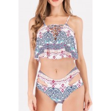 Blue Printed Lace Up Ruffles Cutout Padded Sexy Bikini