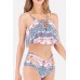 Blue Printed Lace Up Ruffles Cutout Padded Sexy Bikini