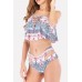 Blue Printed Lace Up Ruffles Cutout Padded Sexy Bikini