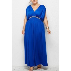 Blue V Neck Wrap Sleeveless Casual Maxi Plus Size Dress