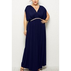 Dark-blue V Neck Wrap Sleeveless Casual Maxi Plus Size Dress