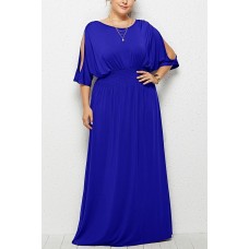 Blue Boat Neck Slit Bat Sleeve Elastic Waist Casual Plus Size Dress