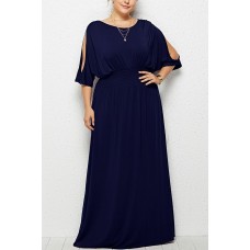 Dark-blue Boat Neck Slit Bat Sleeve Casual Plus Size Dress