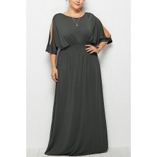 Dark-gray Boat Neck Slit Bat Sleeve Casual Plus Size Dress