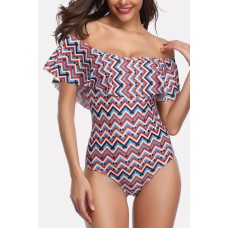 Red Chevron Print Ruffles Off Shoulder Sexy One Piece Swimsuit