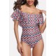 Red Chevron Print Ruffles Off Shoulder Sexy One Piece Swimsuit