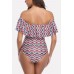 Red Chevron Print Ruffles Off Shoulder Sexy One Piece Swimsuit