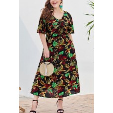 Leaf Print V Neck Tied Slit Hem Casual Plus Size Maxi Dress