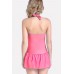 Hot-pink Ruched Halter Skirted Sexy Plus Size One Piece Swimsuit