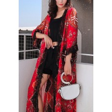 Red Boho Print Lace Crochet Casual Chiffon Cardigan Cover Up