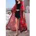 Red Boho Print Lace Crochet Casual Chiffon Cardigan Cover Up