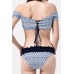 Blue Chevron Lace Up Back Ruffles Trim Off Shoulder Skimpy Sexy Bikini