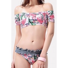 Pink Floral Lace Up Back Ruffles Trim Off Shoulder Skimpy Sexy Bikini